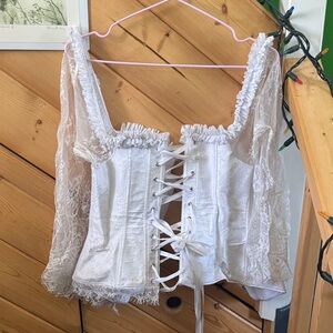White Lace-Up Corset Top - White - off sleeve long lace sleeves